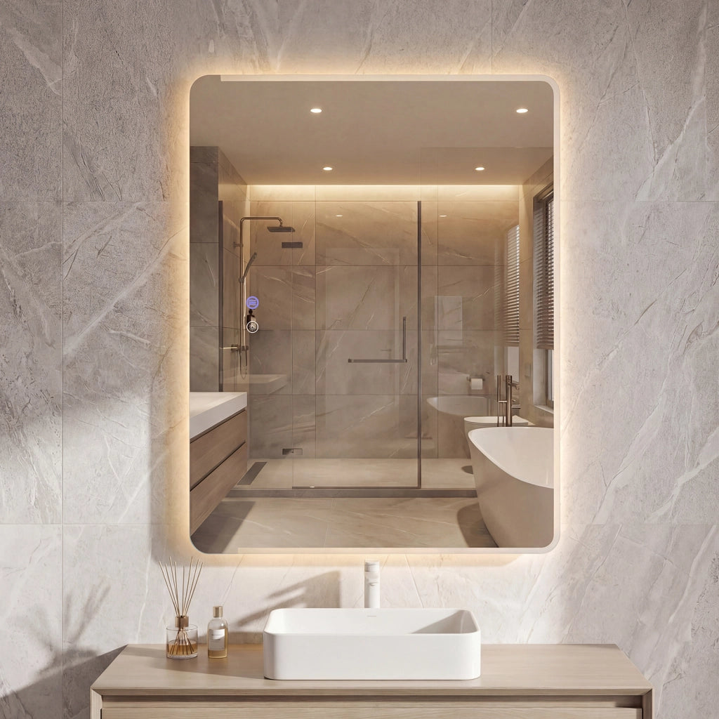Specchio bagno led vetro temperato anti-esplosione parete 3 colori antiappannamento, Specchio trucco retroilluminato dimmerabile lavabo 80 x 60 cm