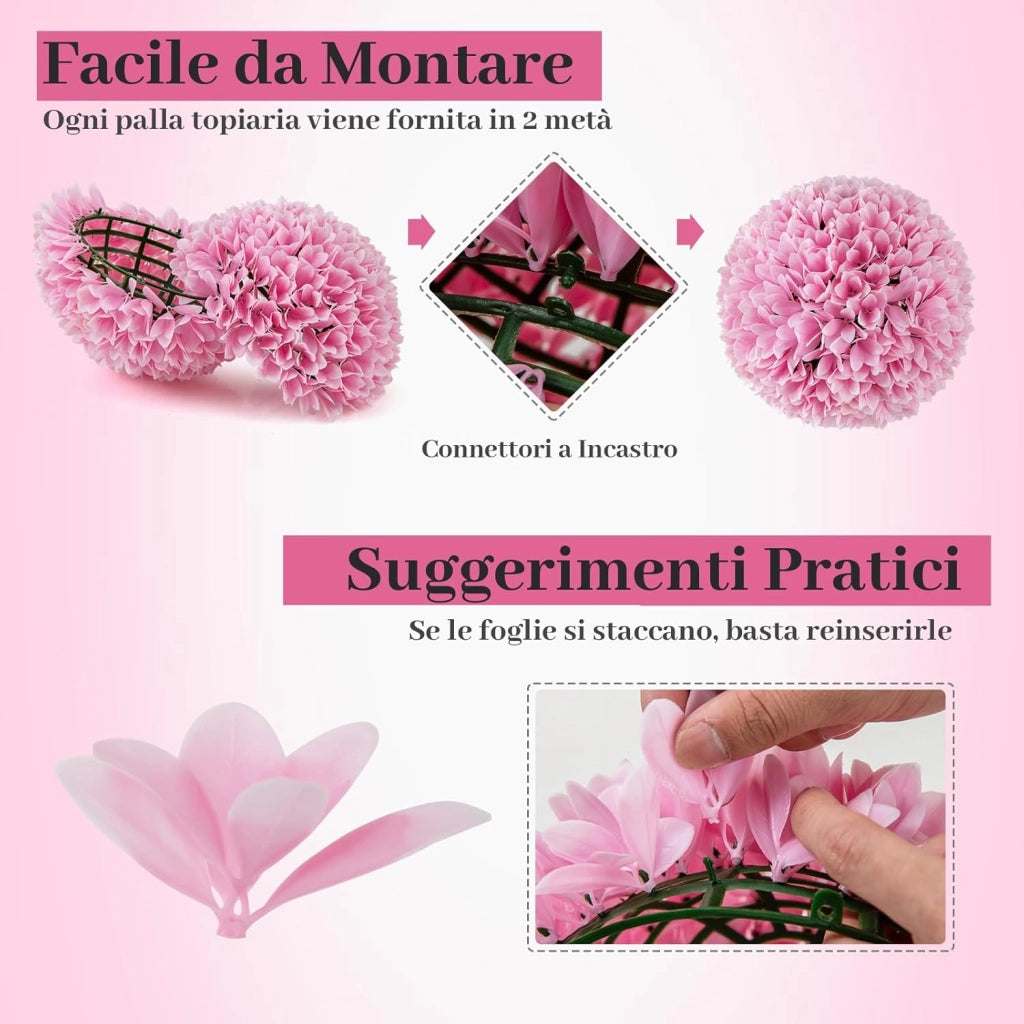 Set di 2 Piante Finte Sfera di Bosso 28 cm per Vaso, Palla di Topiarie Sintetica in PE da Giardino, Piante Artificiali Decorative Arredamento da Interno ed Esterno (Rosa)