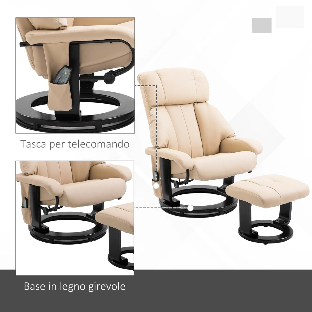Poltrona Relax Reclinabile 76x80x102 cm Massaggiante con Pouf Poggiapiedi e Telecomando Struttura in Legno Crema