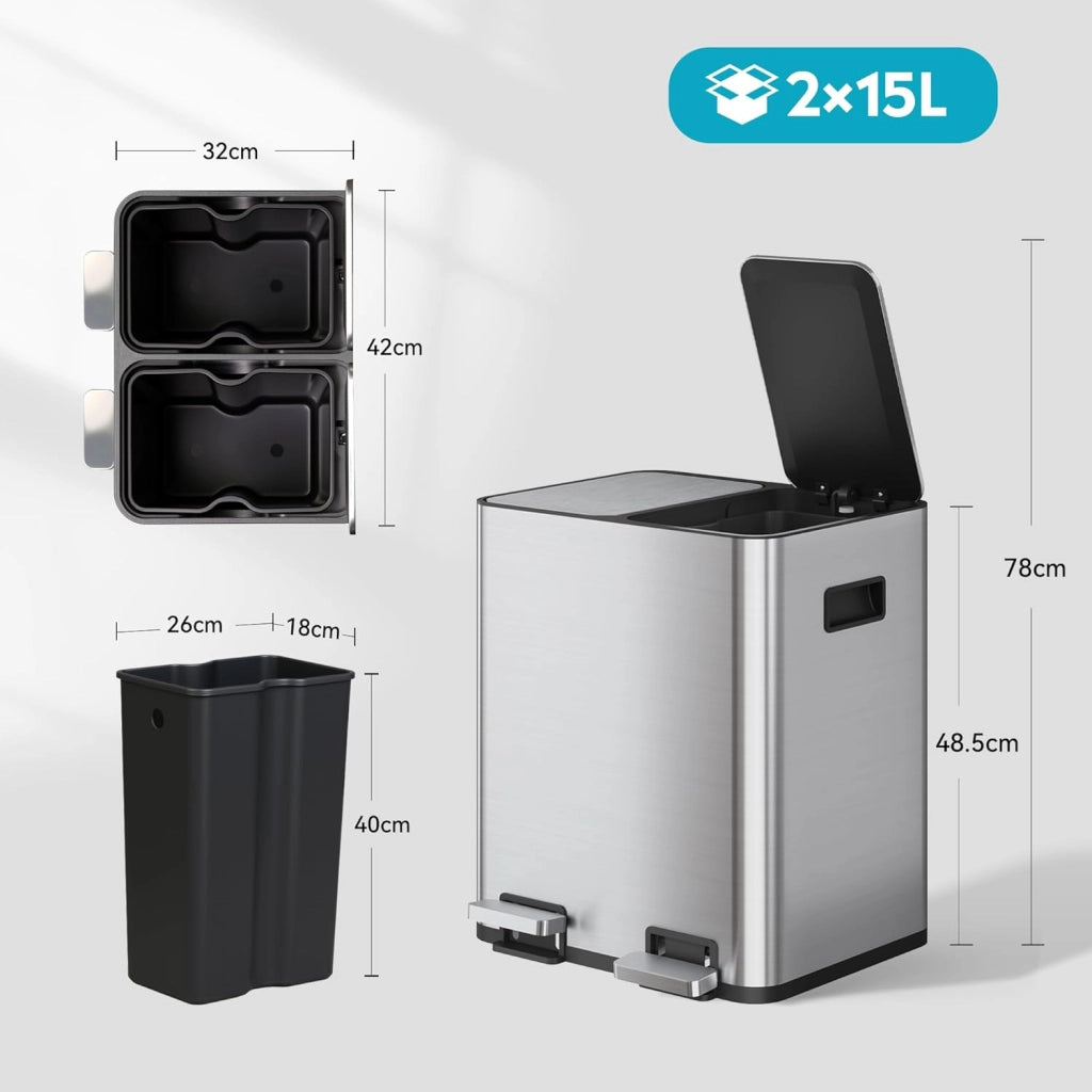 Bidone per rifiuti da cucina 30 litri a due camere ¨C zephmum ¨C in acciaio inossidabile con pedale