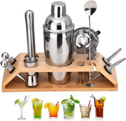 Set di shaker per cocktail con base in legno - set di 12 cocktail in acciaio inossidabile per uso casalingo e per feste