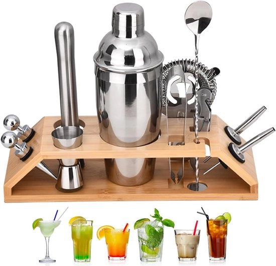 Set di shaker per cocktail con base in legno - set di 12 cocktail in acciaio inossidabile per uso casalingo e per feste