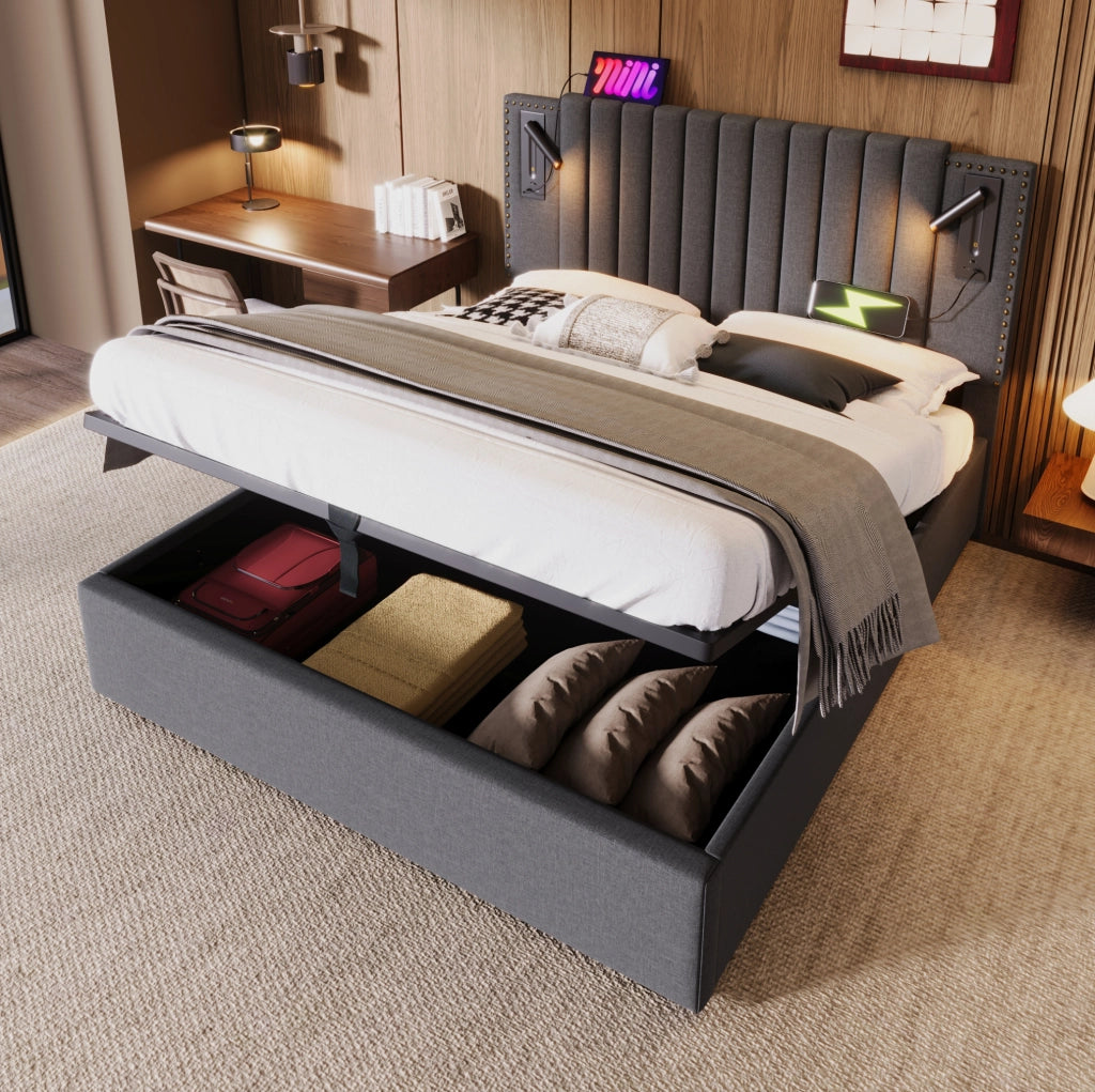 Letto imbottito con contenitore, luce da lettura e USB-C, grigio 180x200
