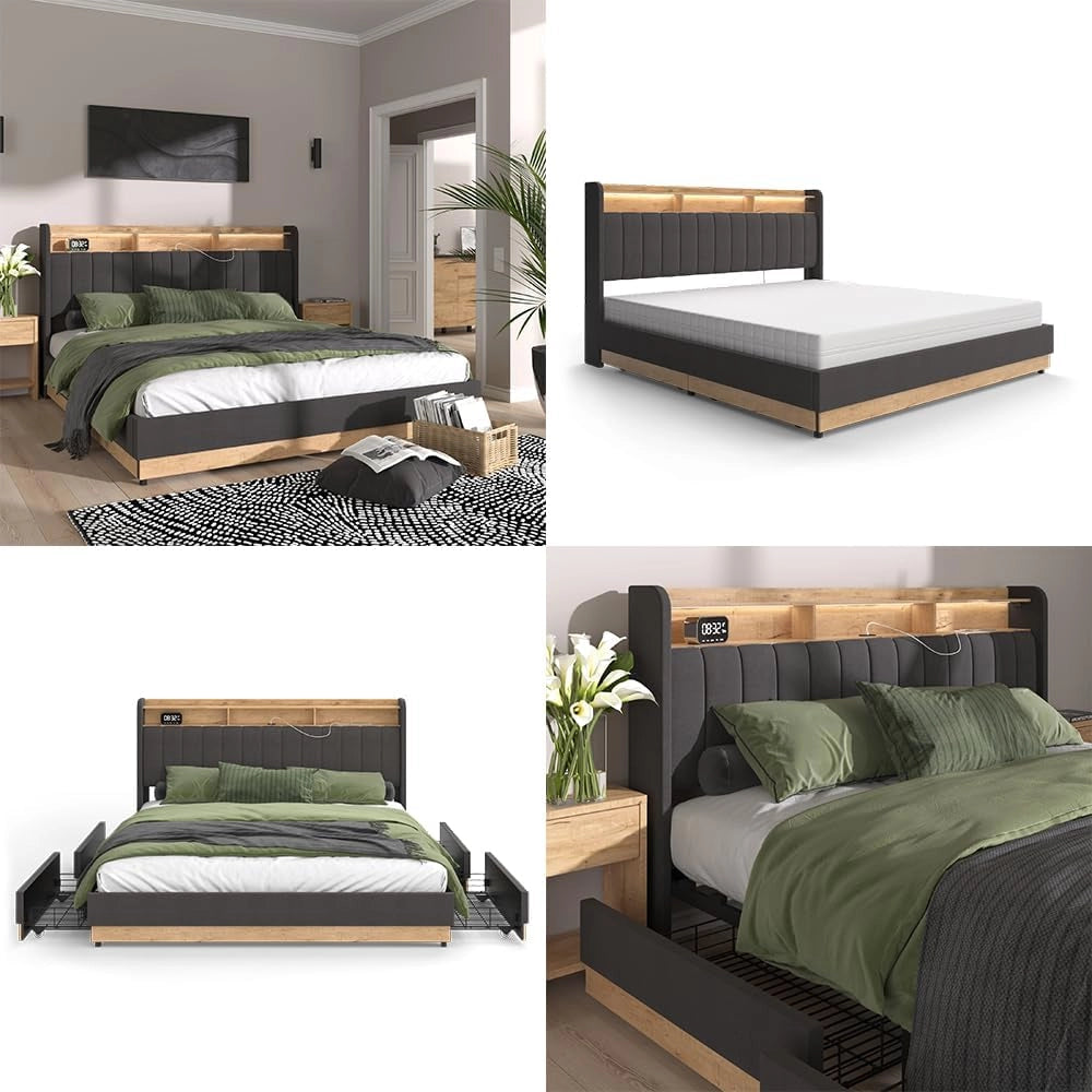 Letto imbottito Nura, Antracite, 180x200 cm con materasso, con porta di ricarica USB, illuminazione LED e telecomando