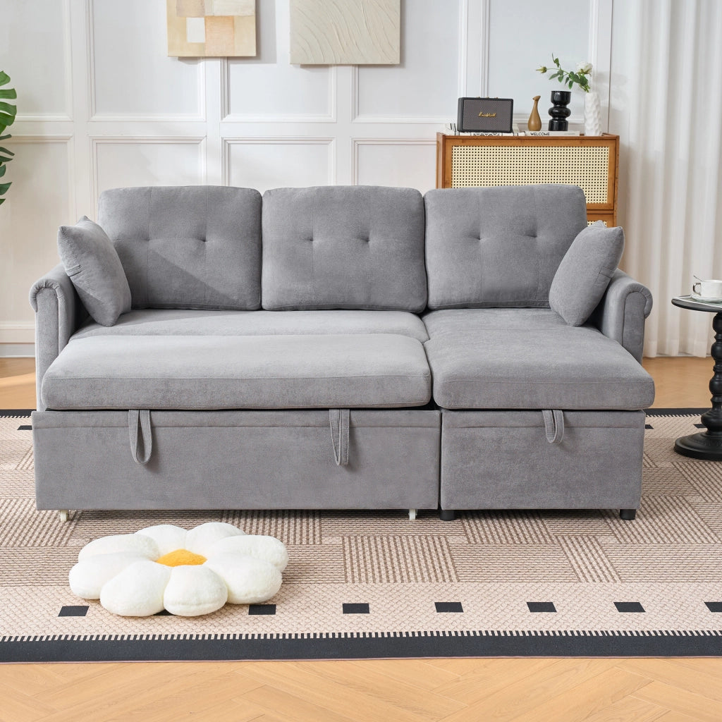 Divano angolare convertibile con contenitore funzione letto e chaise longue reversibile in chenille grigio