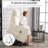 Poltrona Elettrica Alzapersone Reclinabile 145°, Poltrona Relax Elettrica in Pelle PU con Telecomando, Tasche Laterali e Poggiapiedi Integrato, Crema