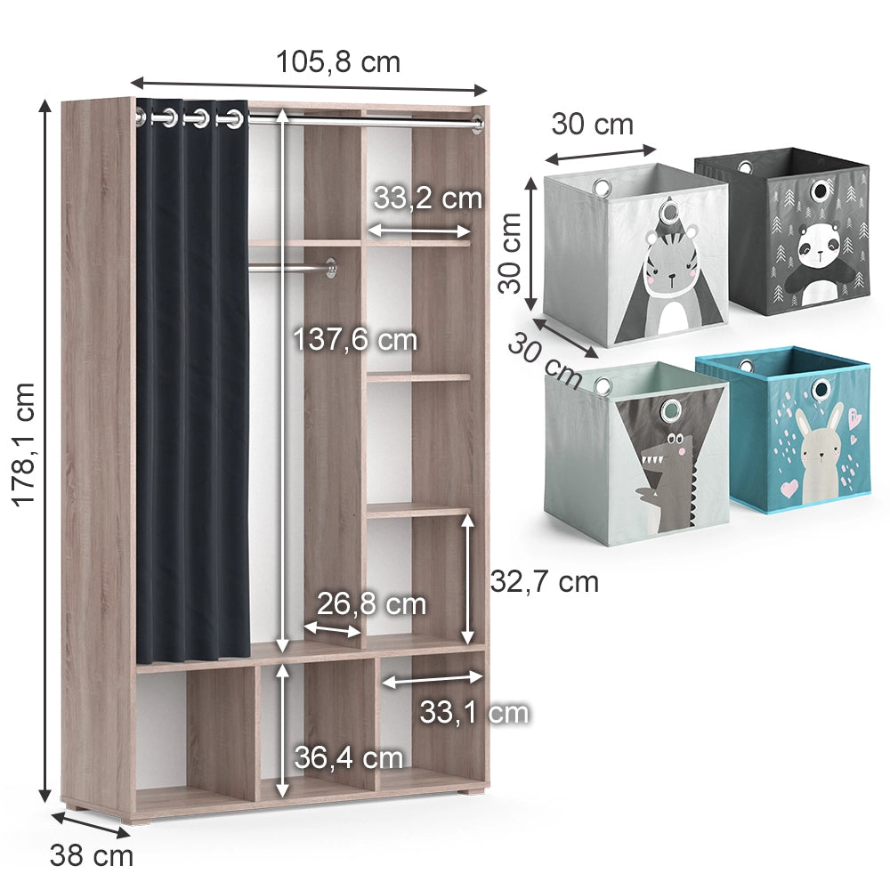 Vicco Guardaroba per bambini Sonoma 38 x 178.1 cm Con cassetti pieghevoli (grigio)