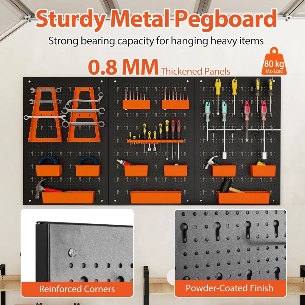 Pannello Porta Attrezzi da Parete 120 X 60 CM, 3 Pannelli Perforati in Metallo con kit di 29 Ganci, Stabile e Resistente, per Garage, Officina (Nero+Arancio, 120 X 60 X 2 CM)