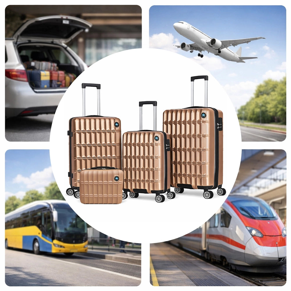 Set 3+1 Valigie Rigide e Beauty Case da Viaggio Rivestimento Resistente e Ruote Easy Roll Oro