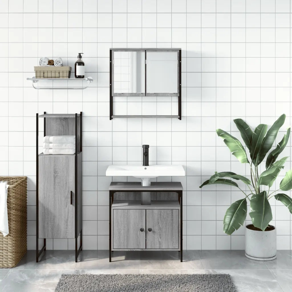Set Mobili da Bagno | Armadio da bagno 3 pz Grigio Sonoma in Legno Multistrato