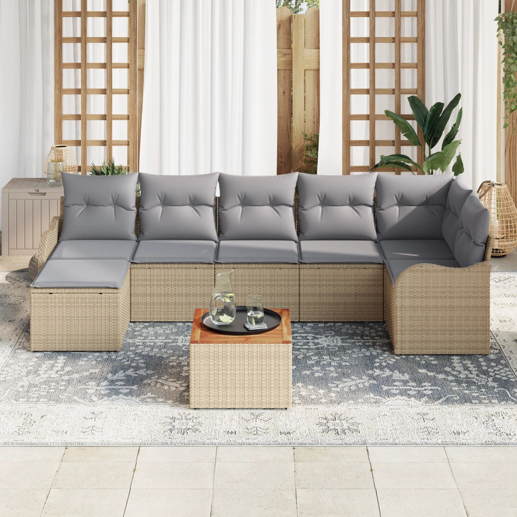Set di divani da giardino  da 8 pezzi con cuscini beige in polyrattan e acacia