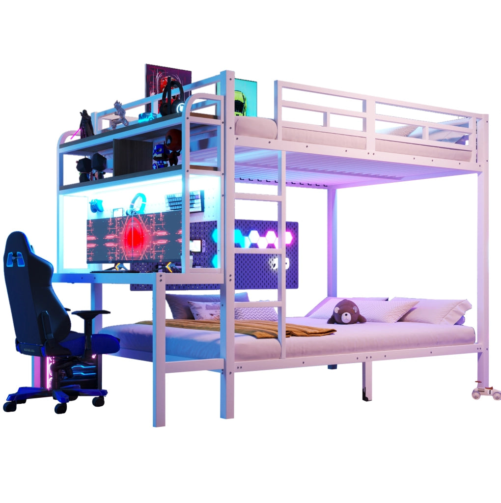 Letto a castello 140x200 cm in metallo e MDF; con scrivania; ripiani; LED e USB; bianco