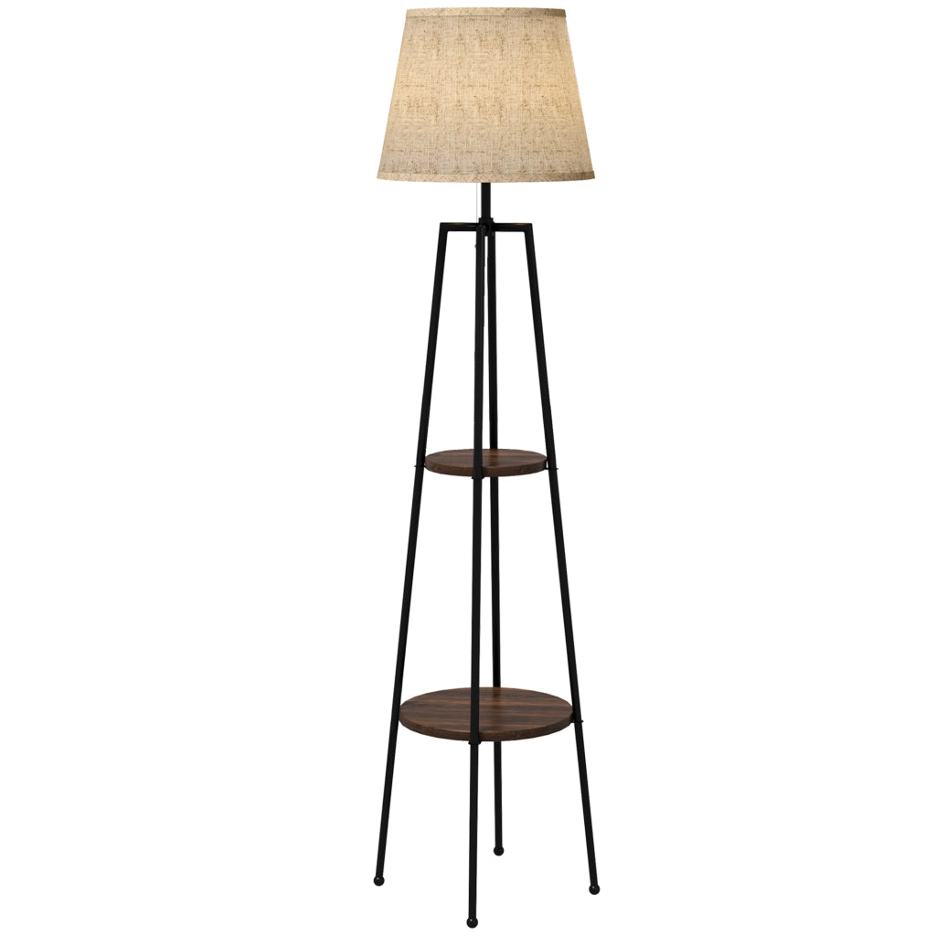 Lampada da terra con mensole ¨C Xylo ¨C 2 ripiani, interruttore a filo, paralume tessuto, E27 40W, 42x42x166 cm, nero marrone