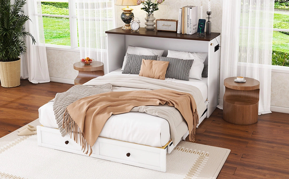 Letto a scomparsa 140x200 cm trasformabile con cassetti e USB in legno e MDF bianco