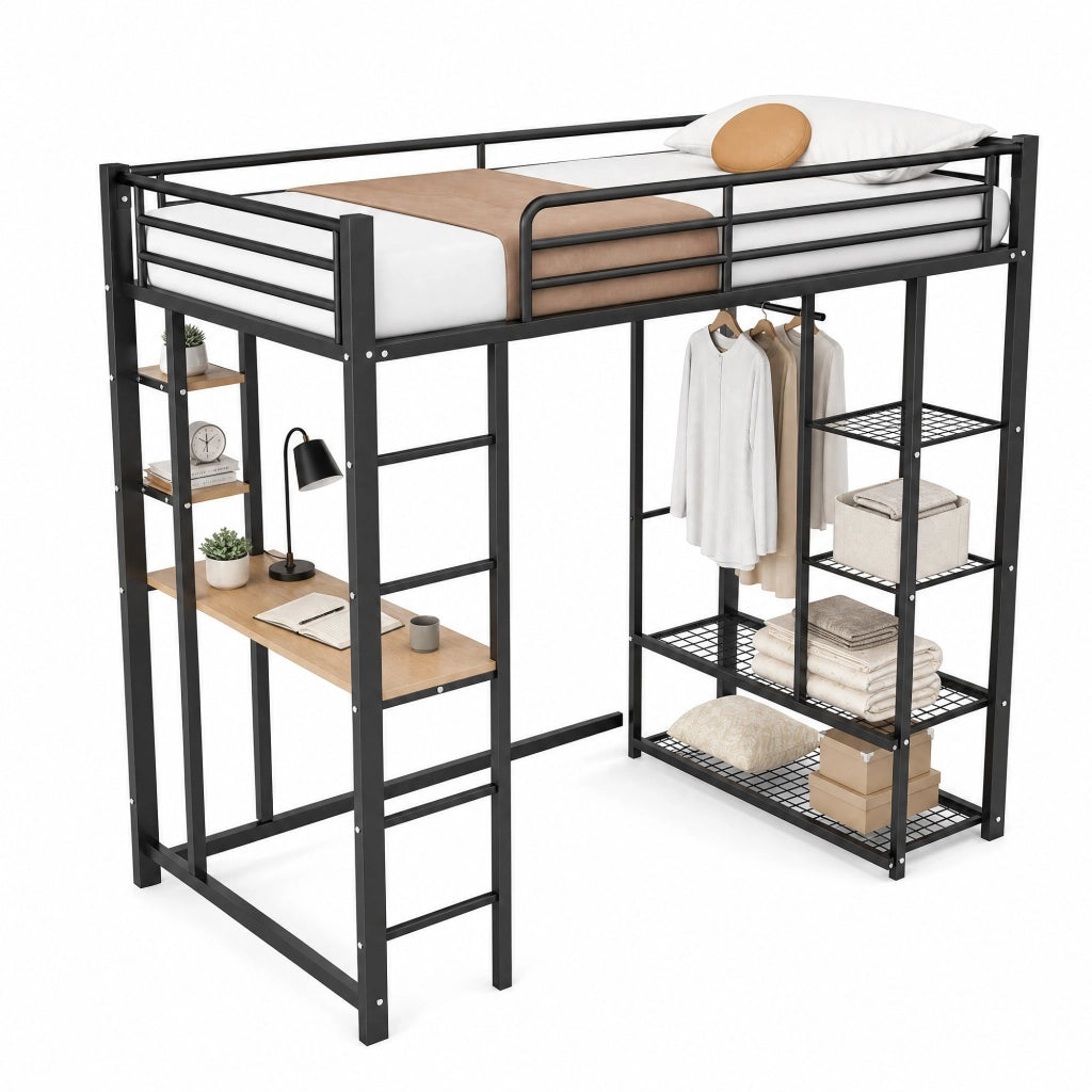 Letto a soppalco singolo 90x200 cm in metallo nero con scrivania; armadietto e scala