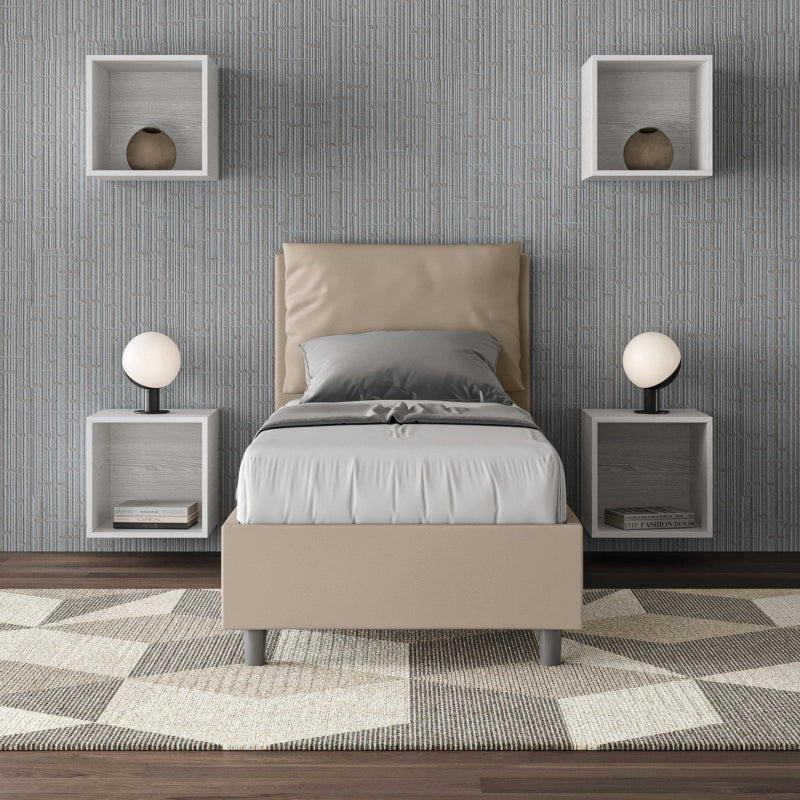 Letto imbottito Singolo 80x210 cm Antea - Similpelle,Tortora,Con rete