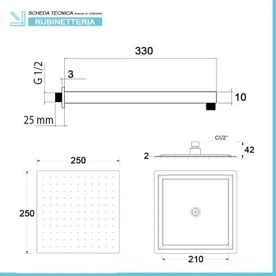 Set doccia nero opaco completo di soffione quadrato 25x25 cm, kit doccetta e miscelatore