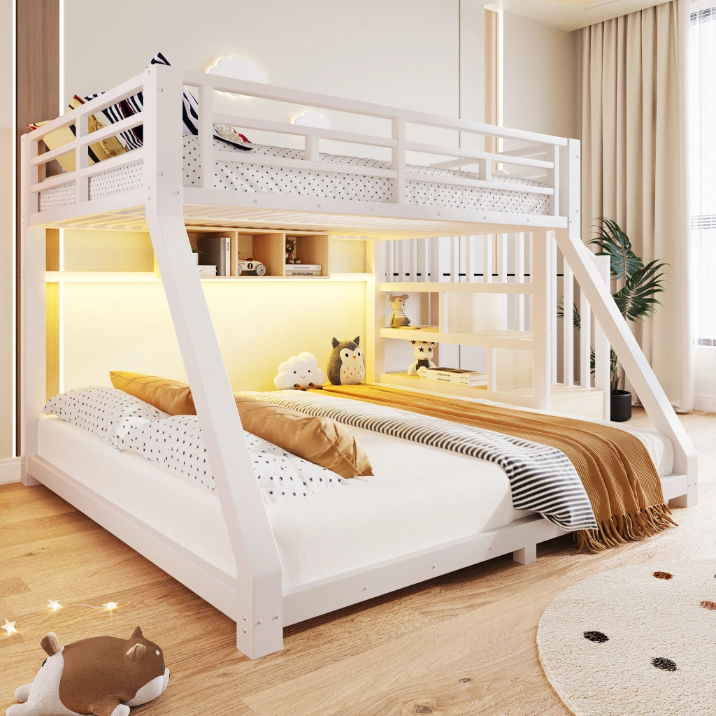 Letto a castello 90 × 200 cm et 140 × 200 cm con 3 scomparti, scale contenitore et LED, senza materasso, in metallo, bianco