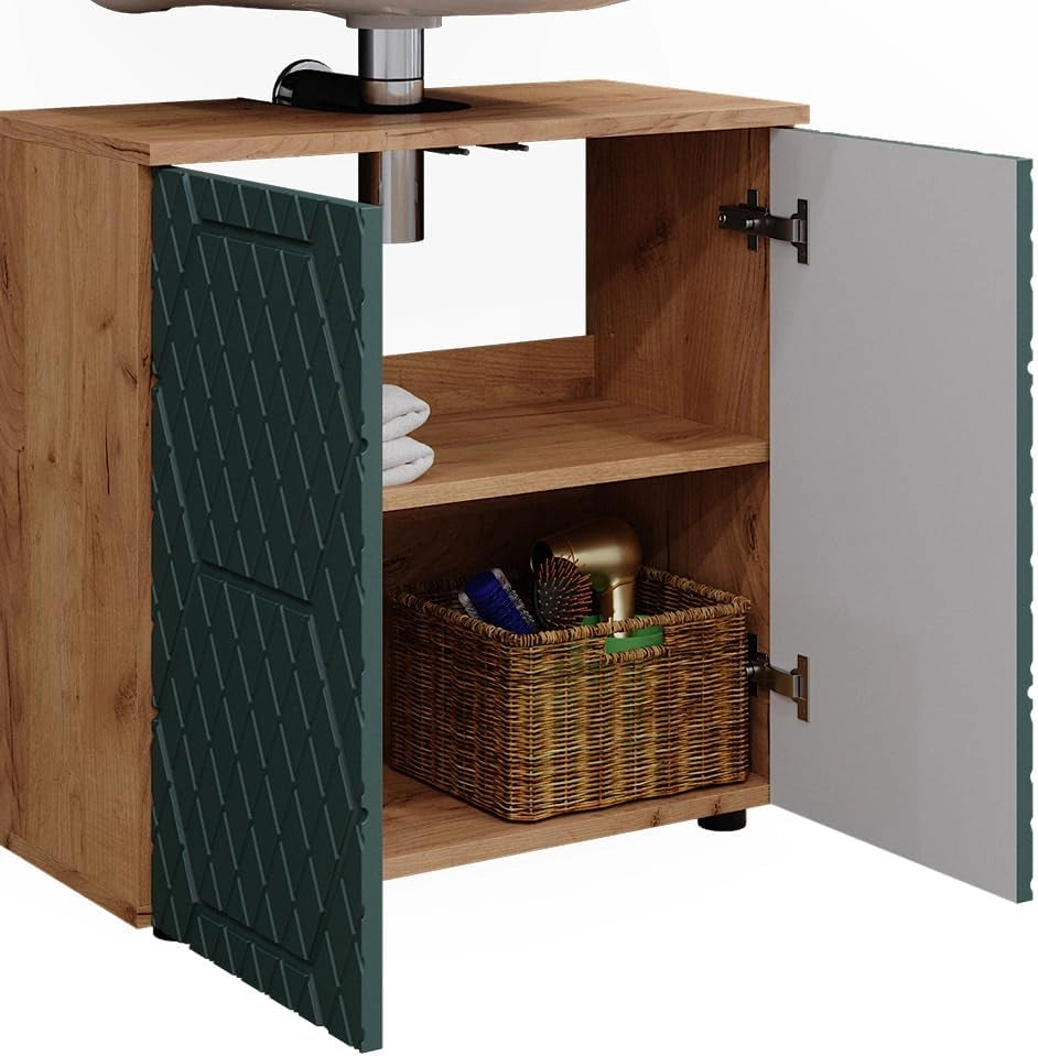 Set mobili bagno Irma, Quercia verde/oro, 4 pezzi, con colonna