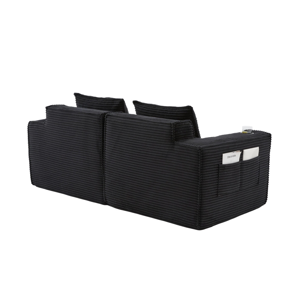 Divano modulare a 2 posti in velluto a coste con portabicchieri e tasche laterali nero per soggiorno 188 × 90 × 75 cm
