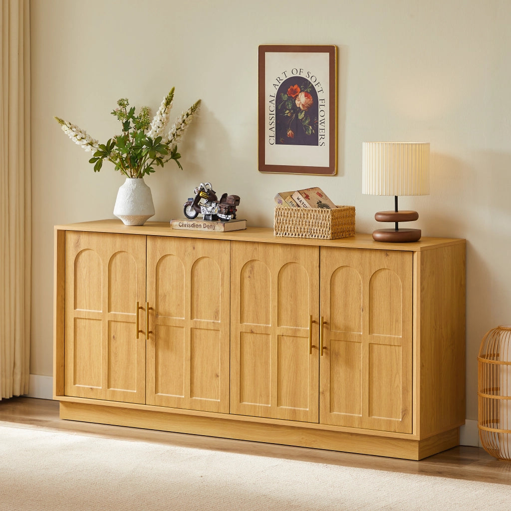 Credenza con ante curve; ripiani regolabili e antiribaltamento - per soggiorno - in MDF - 169×40×80 cm - naturale