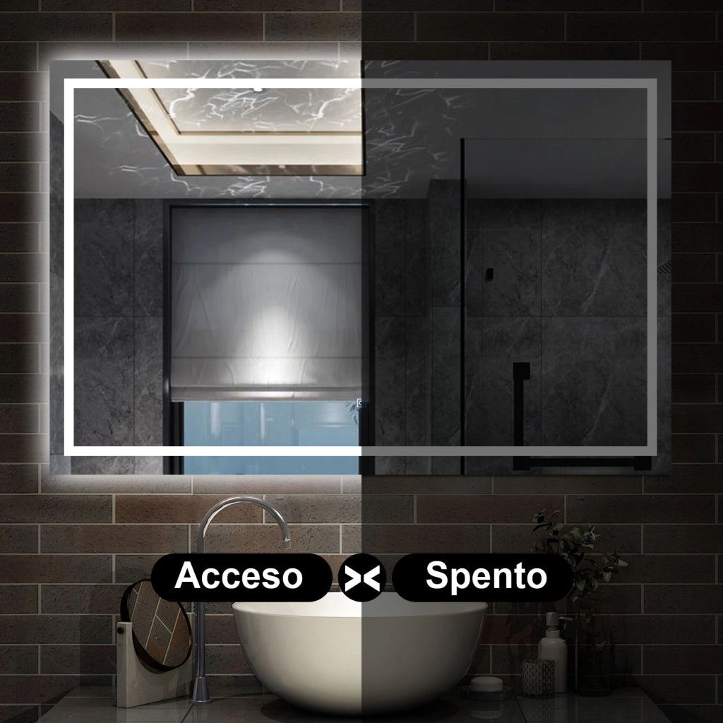 specchio rettangolare 120 x 80 cm con luce led antiappannamento e touch, 3 colori