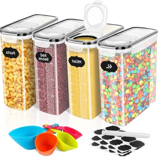 Set di conservazione 4 litri - scatola di conservazione per muesli - contenitore per la cucina - plastica BPA - a tenuta d'aria - 4 pezzi + 24 etichette - dispensatore di granaglie, farina e riso