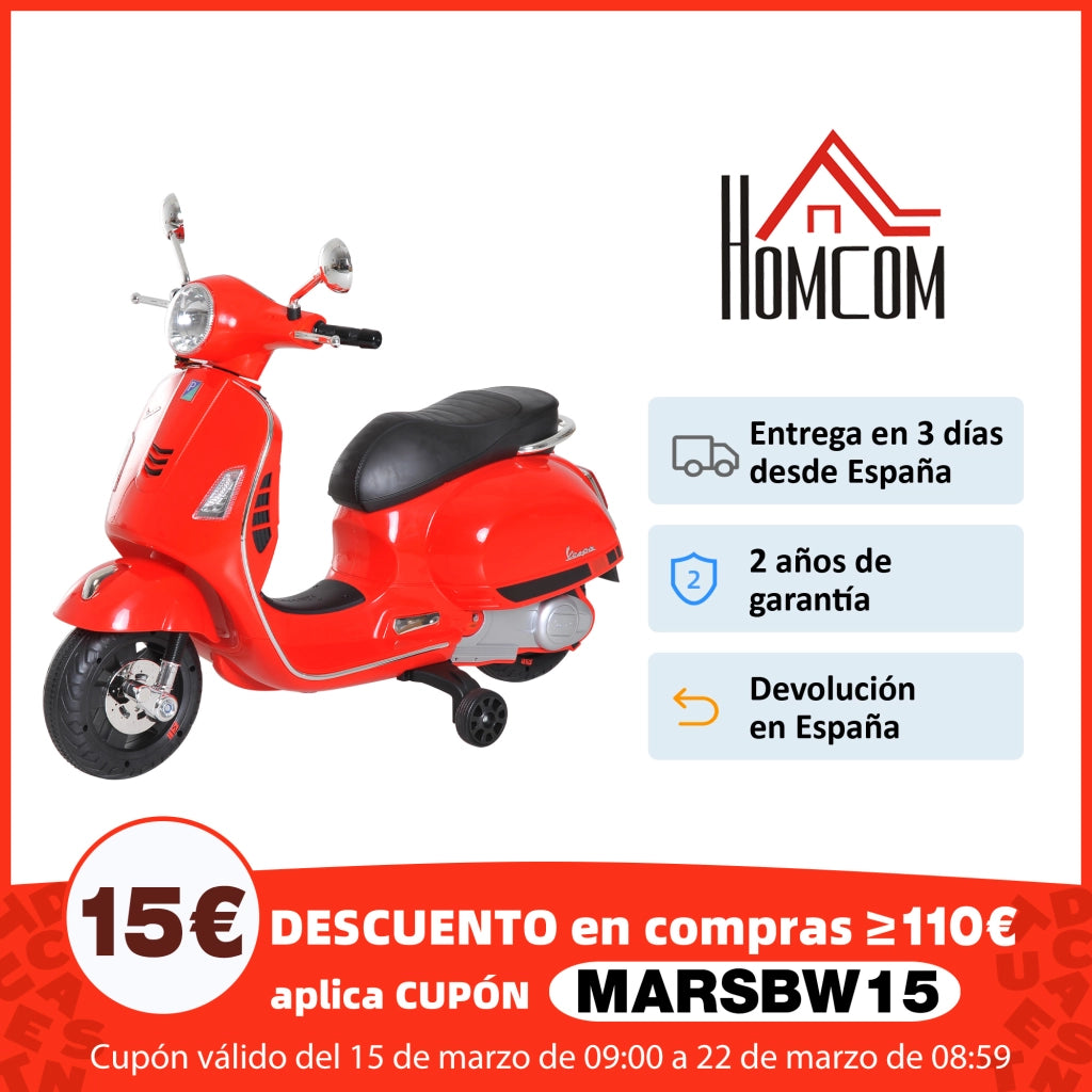 Triciclo Elettrico Vespa Scooter per Bambini ¨C Zephmum ¨C Rosso con Luce MP3 USB