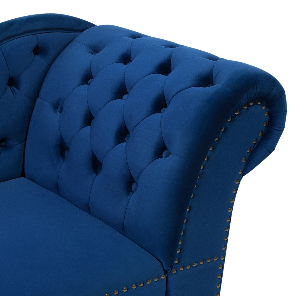 Chaise longue di colore blu versione destra in Velluto abbottonato testa chiodata Stile Chesterfield