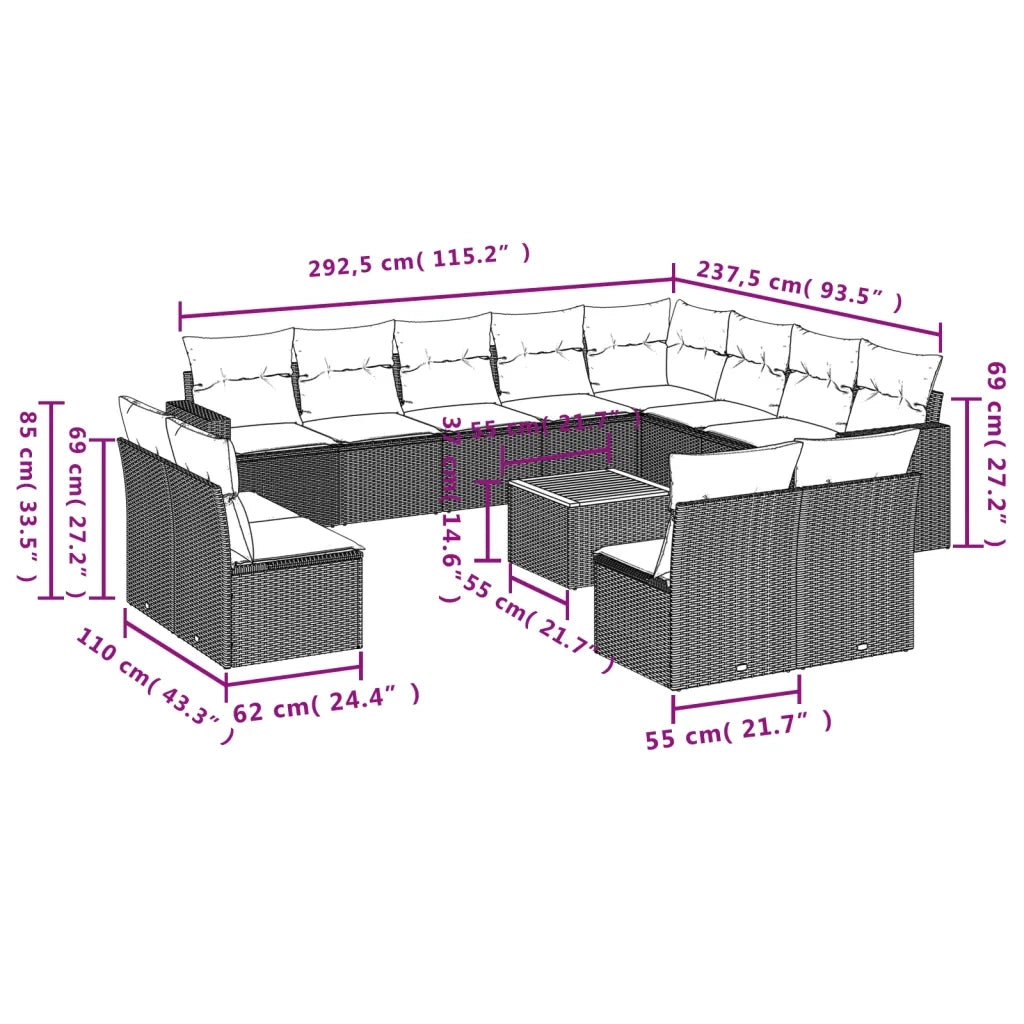 Set Divani da Giardino 13 pz con Cuscini Grigio in Polyrattan 3224373