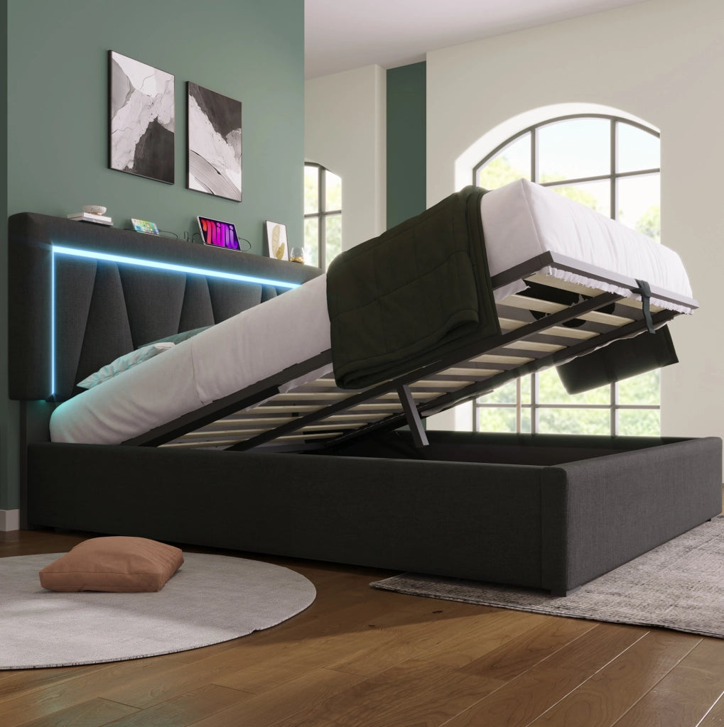 Letto matrimoniale 160x200 cm con contenitore; LED; USB e Type-C; in lino grigio
