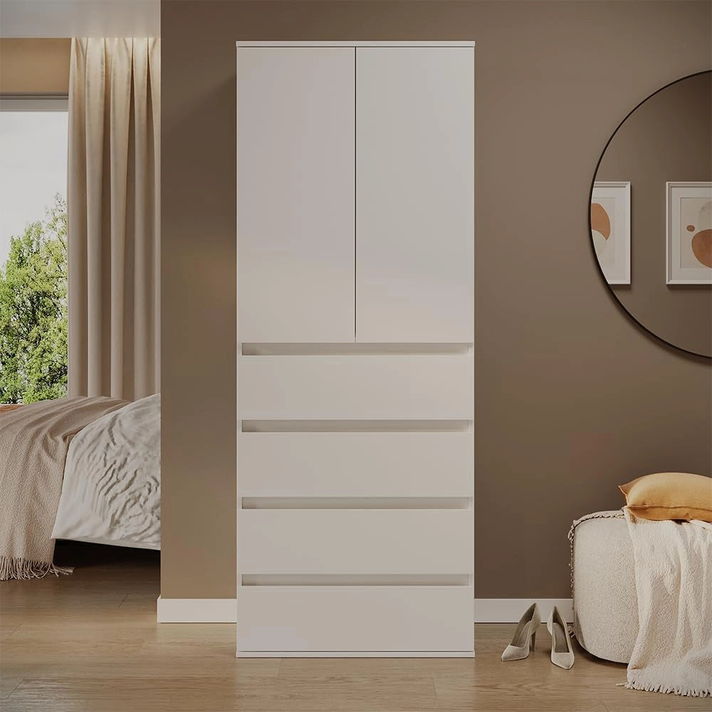 Armadio Claus, Bianco, 74 x 191.5 cm con 4 cassetti, per la conservazione di abbigliamento e tessili