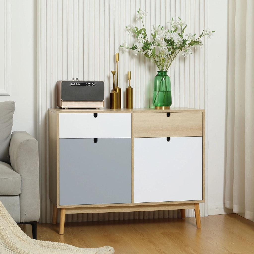 Mobiletto Multiuso Stile Nordico, Armadietto Due Ante con Cassetti per Cucina e Ingresso, 100x40x79.5cm, Multicolore