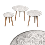 TRIS DI TAVOLINI TONDI  DA ARREDO IN LEGNO E PIANO D'APPOGGIO BICOLORE EFFETTO MERLETTO D.44,5/40/30