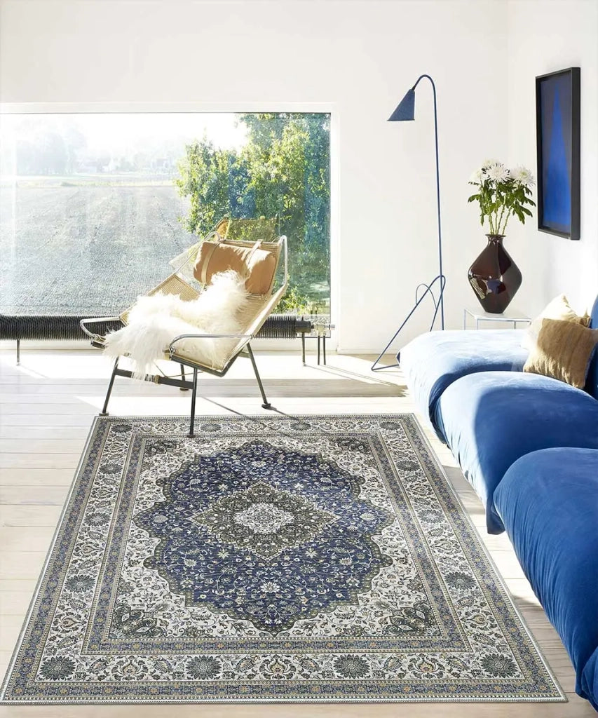 Tappeto arredo casa NAIN 01 blu cm.160x230 riproduzione disegno orientale classico in stile persiano. Tappeto lavabile e antiscivolo per salotto, soggiorno, camera da letto.