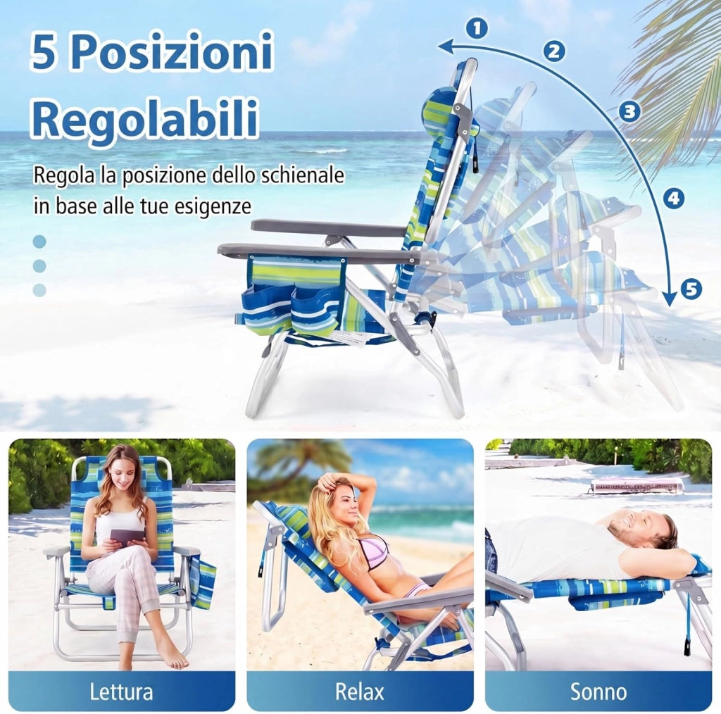 Set di 2 Sedie e Tavolino da Spiaggia Pieghevole, Schienale Regolabile a 5 Livelli, con Portatesta, Borsa Portaoggetti, Borsa Termica, per Campeggio Picnic Esterno (Blu+Verde, Modello 2)