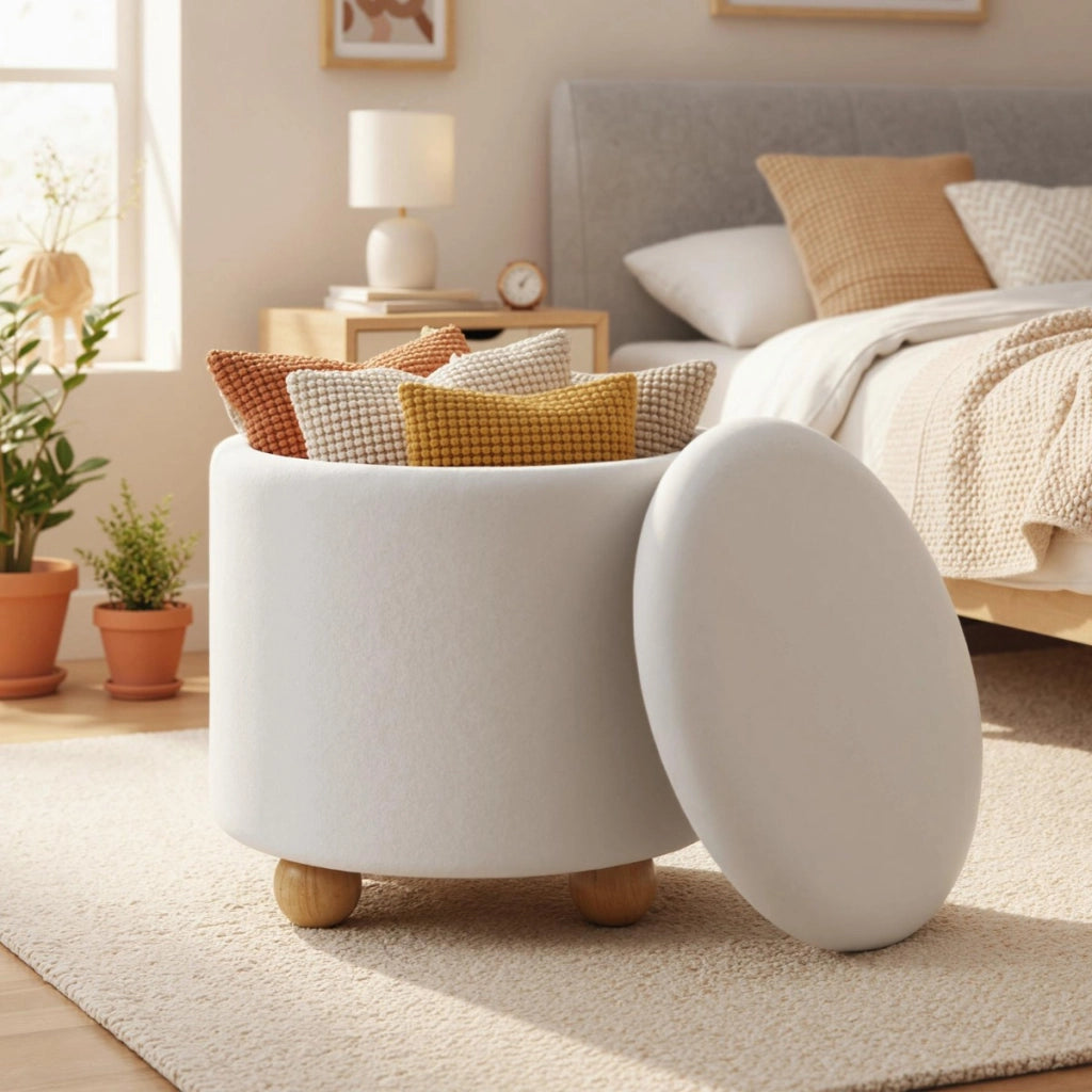 Pouf contenitore rotondo sgabello tessuto ciniglia coperchio rimovibile, Pouf contenitore spazio nascosto 35l Bianco