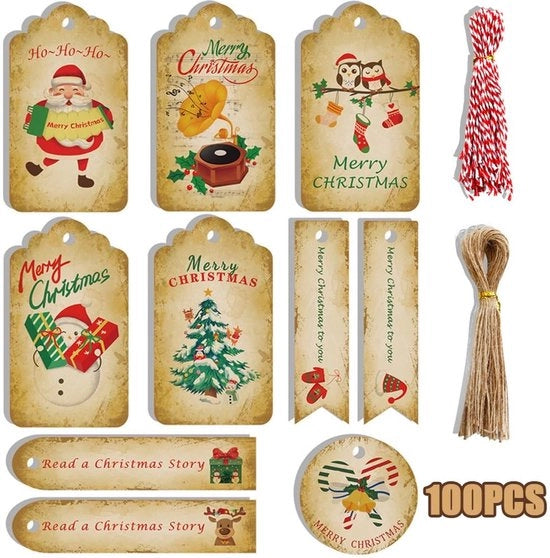 Etichette per regali 100 pezzi - Carta kraft - Hanger per regali - Corda in cotone - 10 diversi disegni