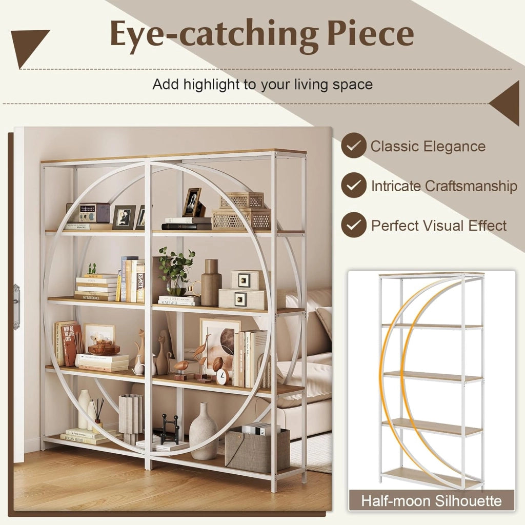 Libreria a 5 piani autoportante con 5 ripiani aperti, scaffale da esposizione industriale con design a mezzaluna per casa e ufficio, 86 x 30 x 175 cm (naturale)