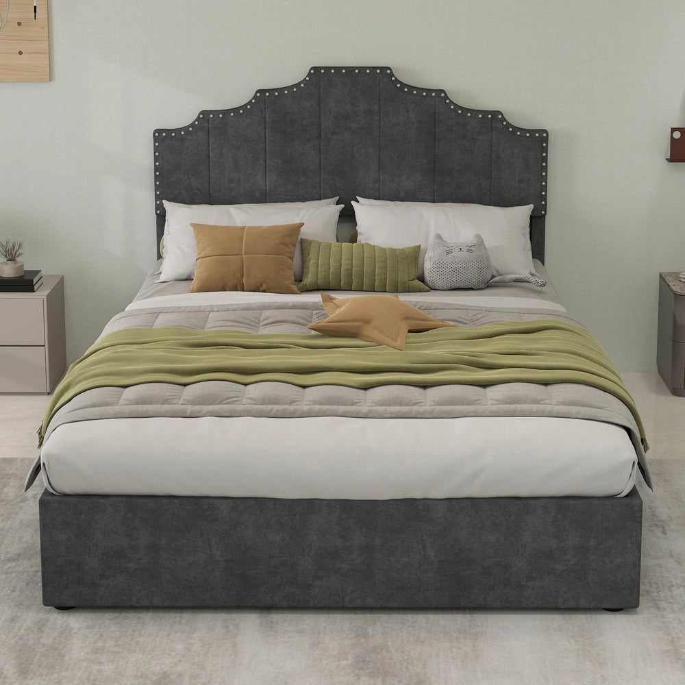 Letto Contenitore Imbottito ¨C MINIMAL ¨C Grigio 140x200 con Testiera, Struttura con Doghe