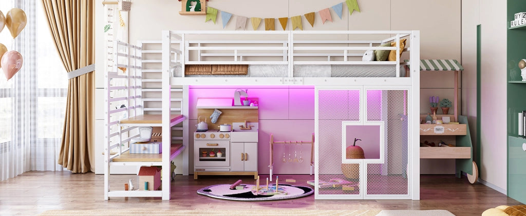 Letto a soppalco singolo 90 × 200 cm con scala contenitore, LED e finestre, senza materasso, bianco