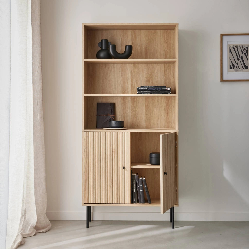 Libreria in legno e metallo nero a 2 ante, marrone naturale