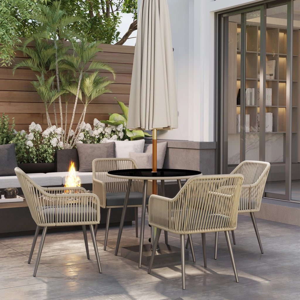 Set Giardino 4 Posti Poly Rattan ¨C Zephmum ¨C Marrone con Cuscini e Tavolino Vetro