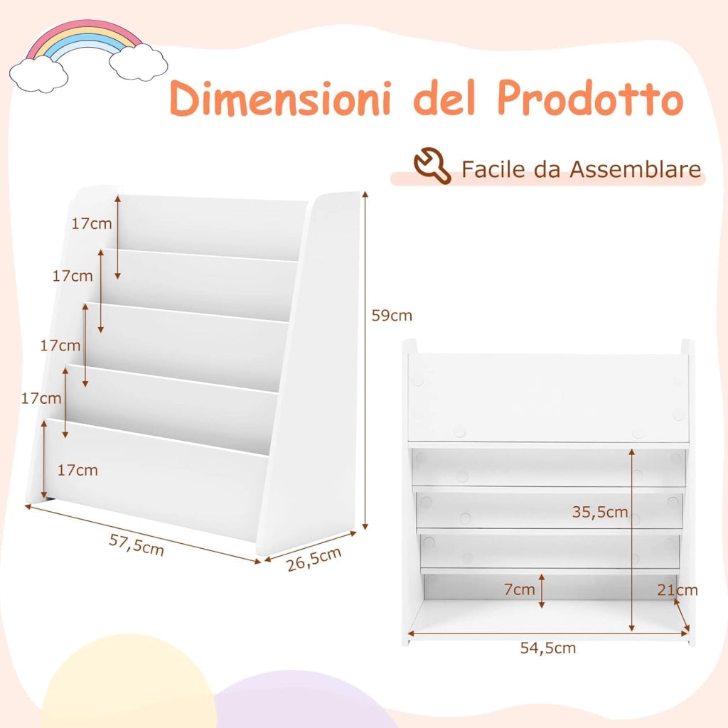 Libreria Montessoriana per Bambini, Scaffale a 4 Ripiani Aperto in Legno con Spazio Nascosto sul Retro, Porta Libri per Cameretta, Stanza dei Giochi e Aula, 57,5 x 26,5 x 59 cm (Bianco)