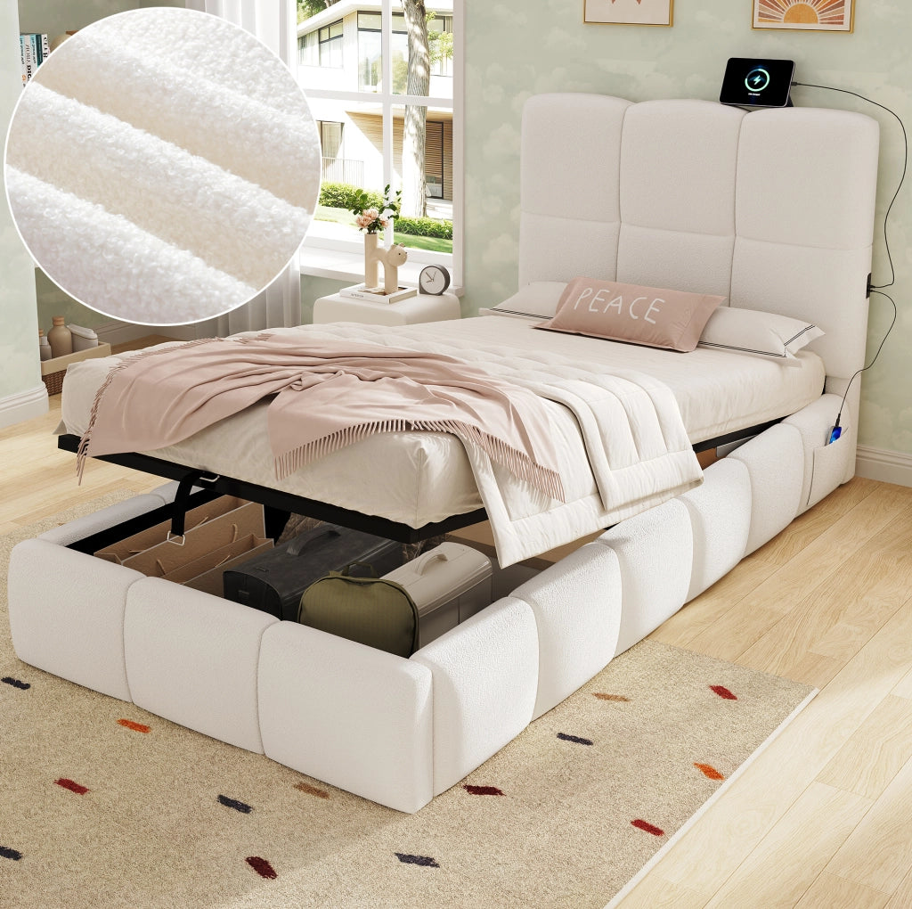 Letto singolo imbottito beige in bouclé con vano contenitore e porta USB Tipo-C