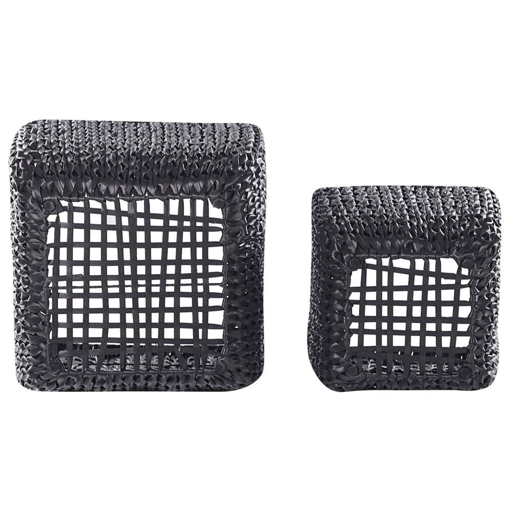 Set di 2 vasi per piante nero PE Rattan rotondo per interni e per esterni con inserto in plastica