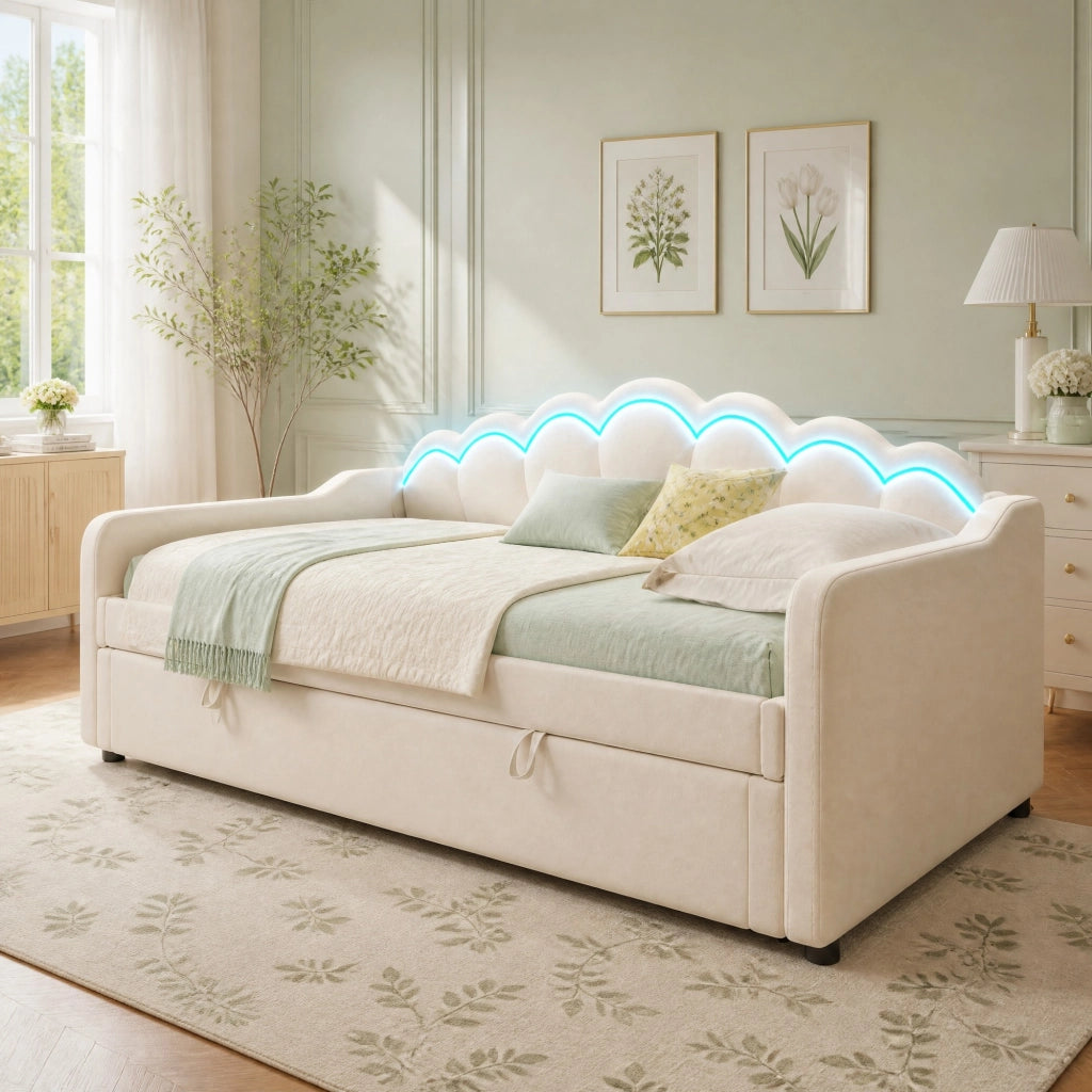 Divano letto con contenitore e LED, in velluto beige, 90x200 cm