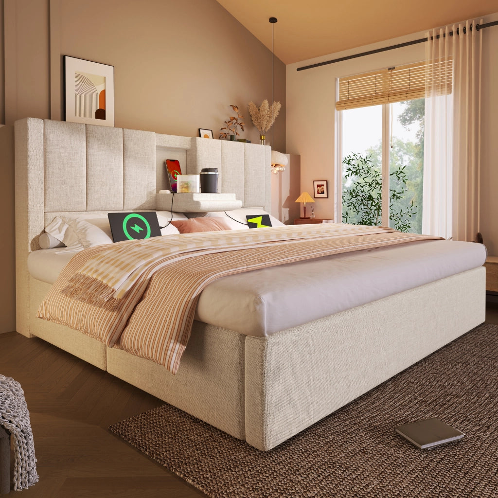 Letti contenitori 140x190 cm con contenitore; ricarica USB e portabicchieri lino beige (Senza materasso)