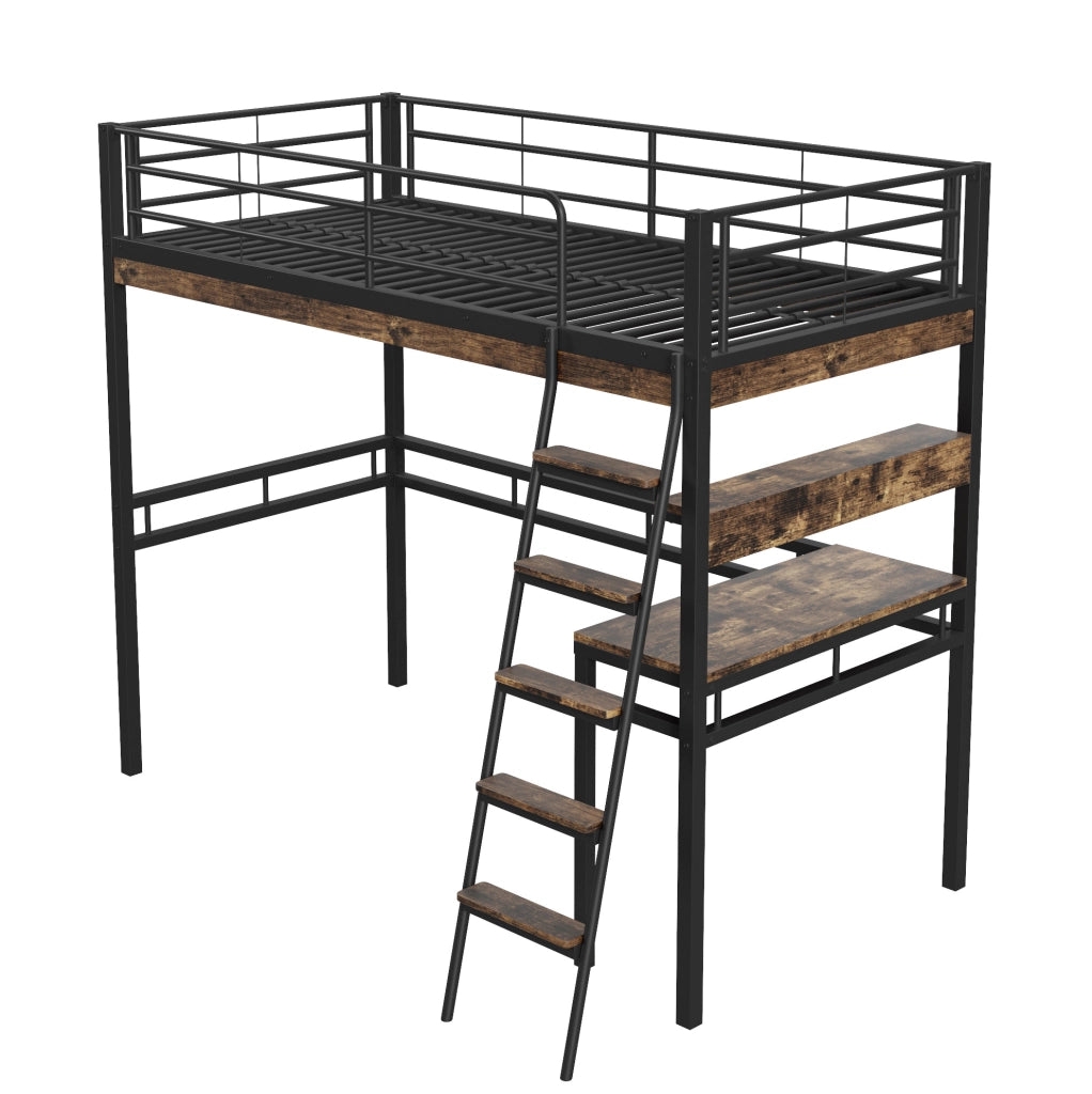 Letto a soppalco 90x200 cm con scrivania e ripiani; struttura in metallo nero (Senza materasso)