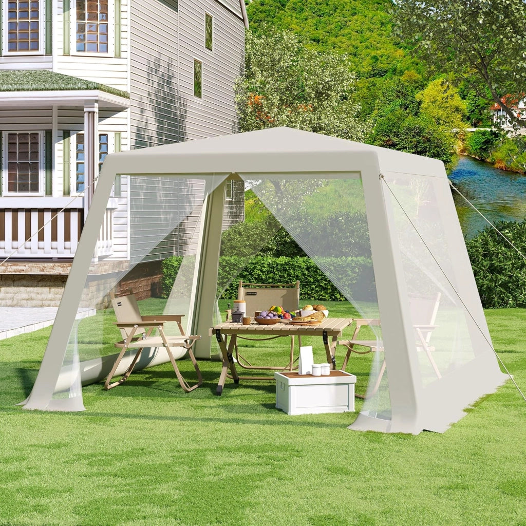 Gazebo 3x3 Pieghevole Idrorepellente, Pergolato da Giardino, Gazebo da Esterni, con Pareti Laterali a Zanzariera, per Campeggio, Feste, Beige